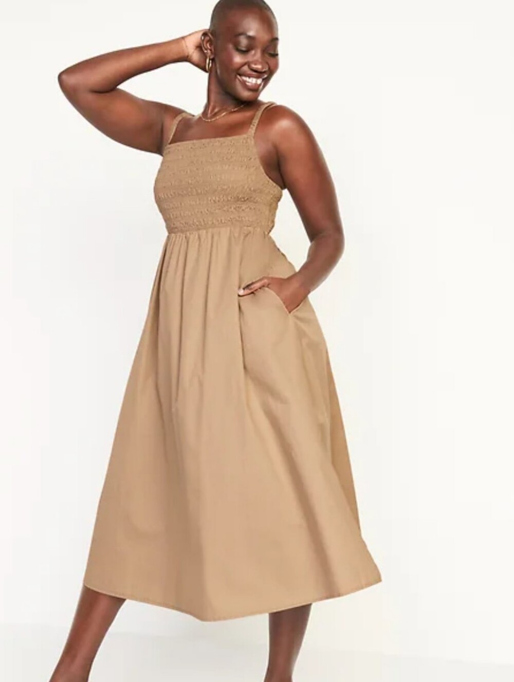 Old Navy Dress NWOT Size S Brown Fit Flare Cotton Poplin Midi Smocking Open Back
